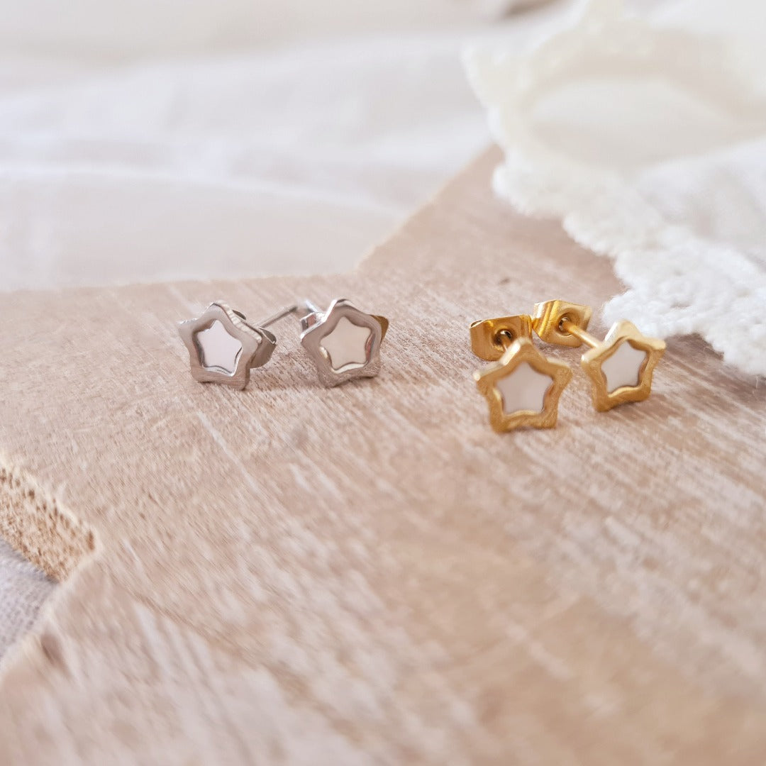 Zilveren stekertjes stervorm stainless steel met witte parelmoer kern