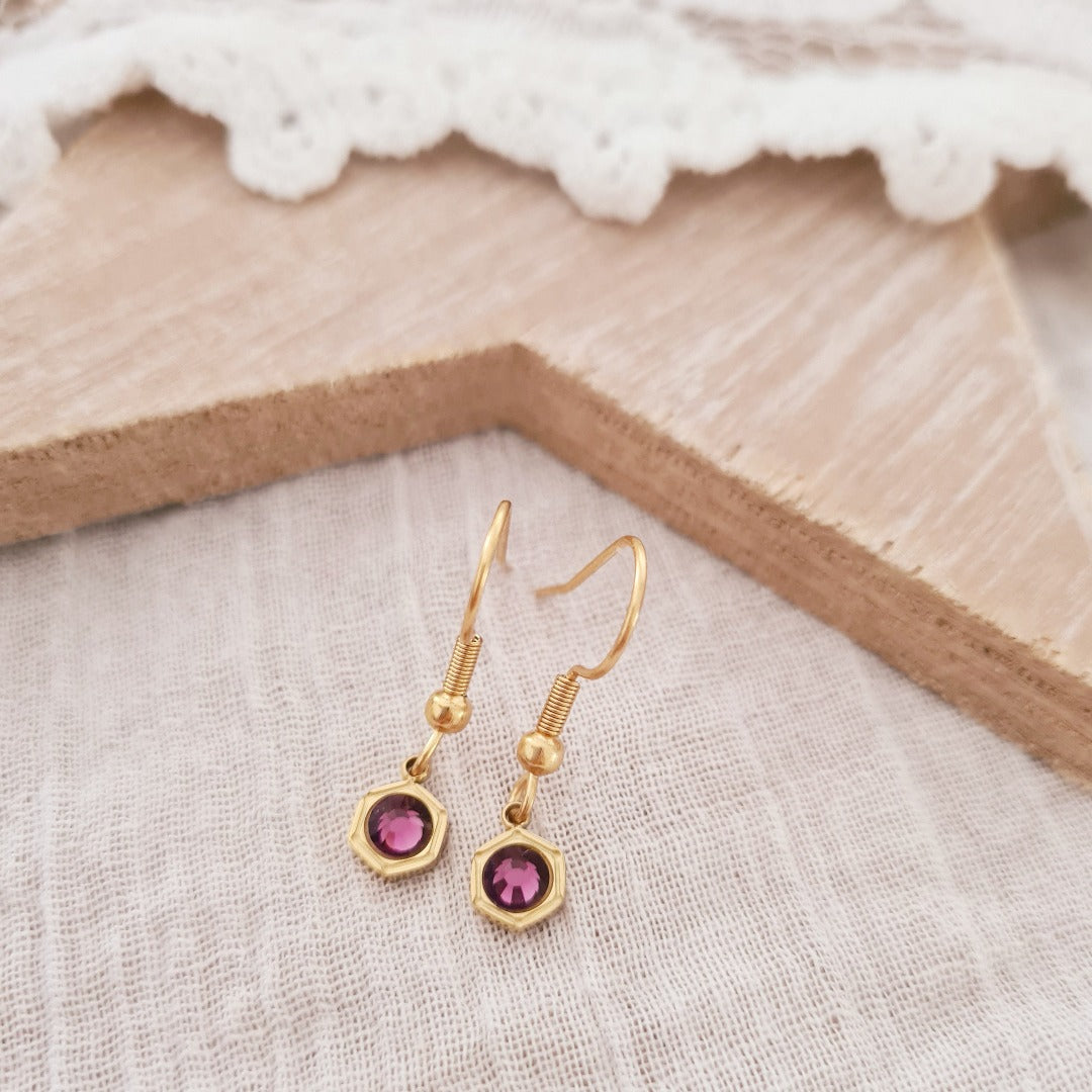 Goudkleurige geboortesteenoorbellen met paarse steen voor Februari