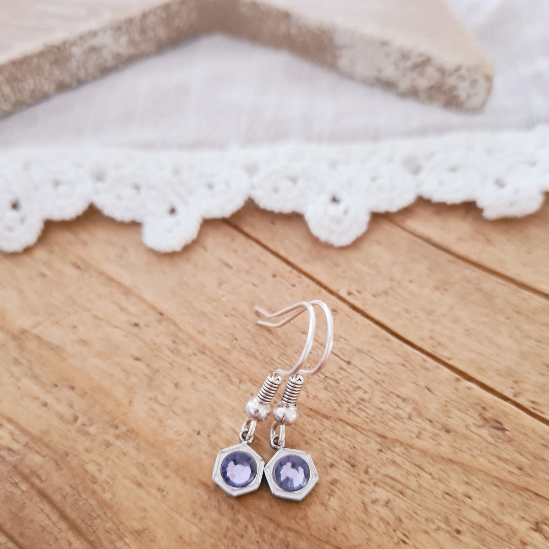 Zilverkleurige geboortesteenoorbellen met lila steen voor Juni