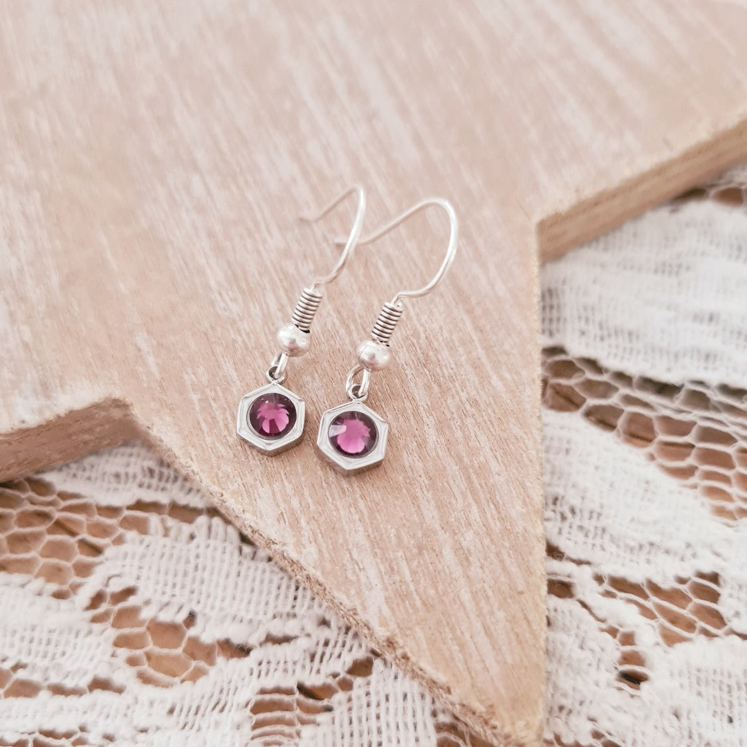 Zilverkleurige geboortesteenoorbellen met paarse steen voor Februari