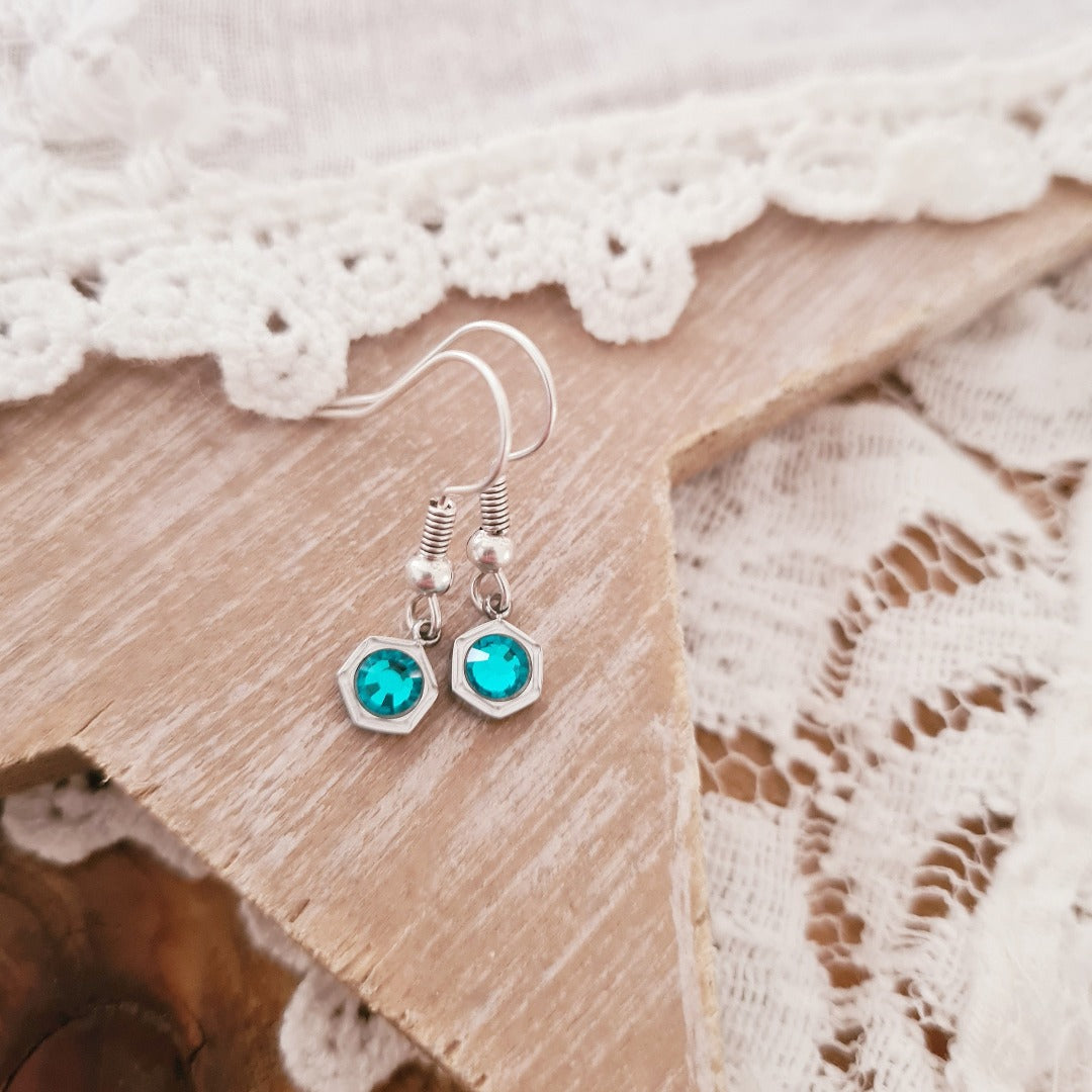 Zilverkleurige geboortesteenoorbellen met blauwe steen voor December