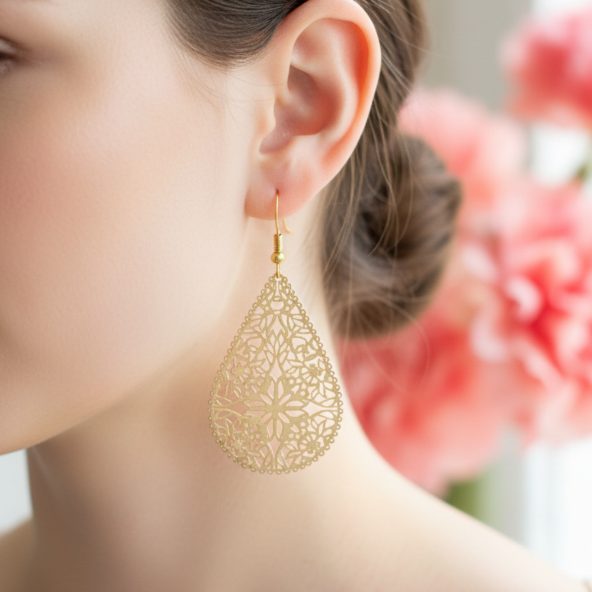 Grote gouden bohemian druppel oorbellen gedragen, vrije elegante look