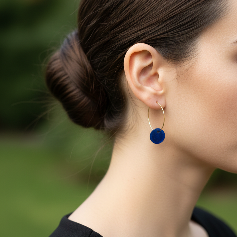 Gedragen modelfoto blauwe oorbel - nette haarstijl