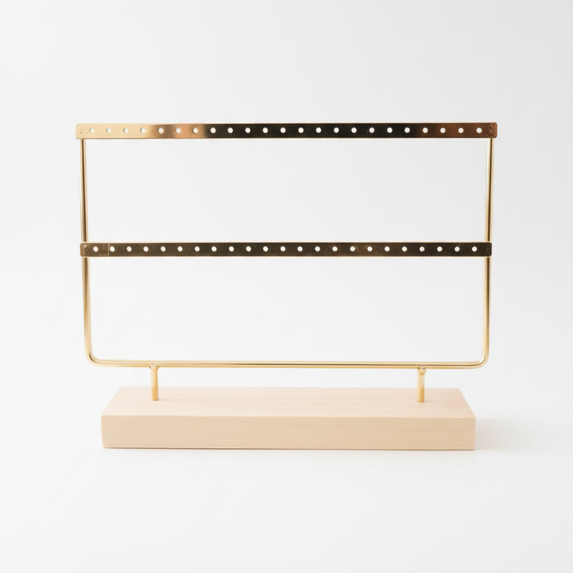Gouden oorbellenrek met houten voet, 2 rijen en 48 gaatjes, leeg display voor oorbellen opslag