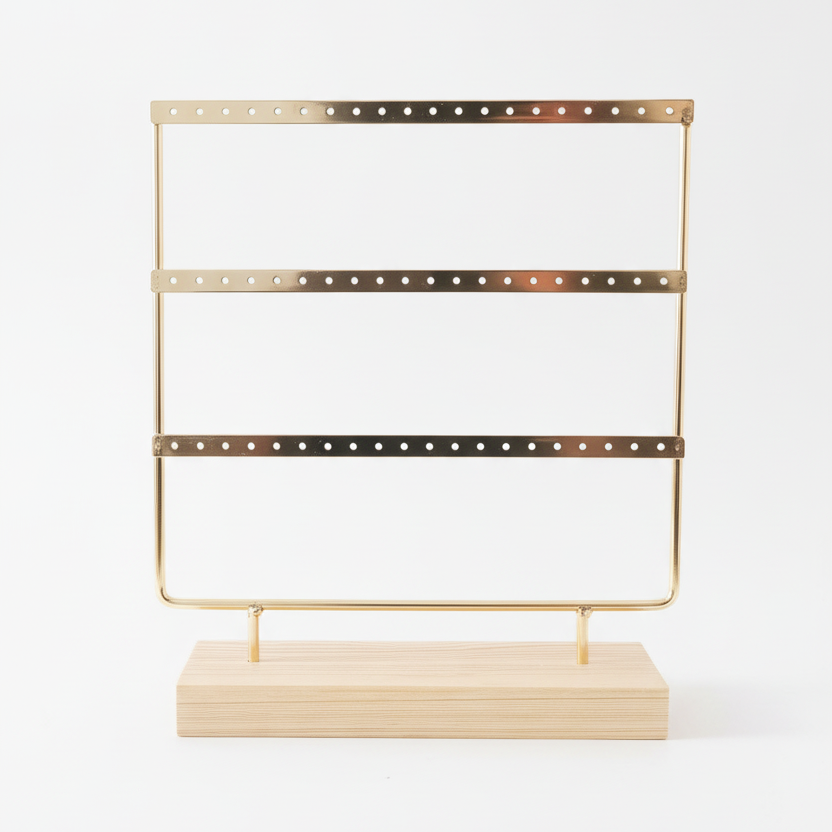 Gouden oorbellenrek met houten voet, 3 rijen, leeg display voor oorbellen opslag
