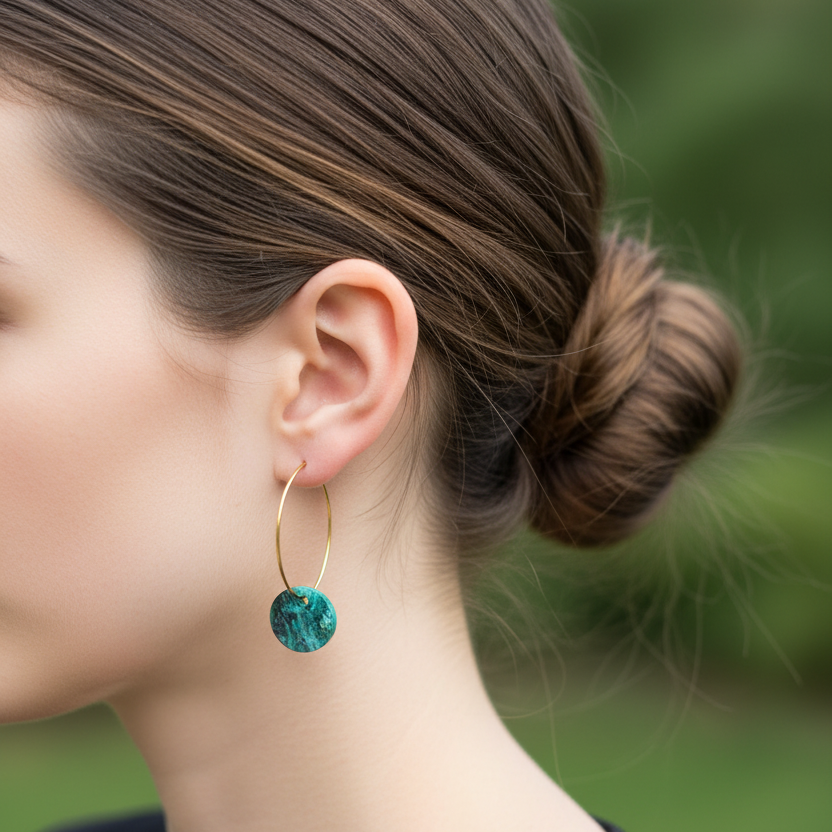 Gouden ringen met groene resin bedel gedragen close-up
