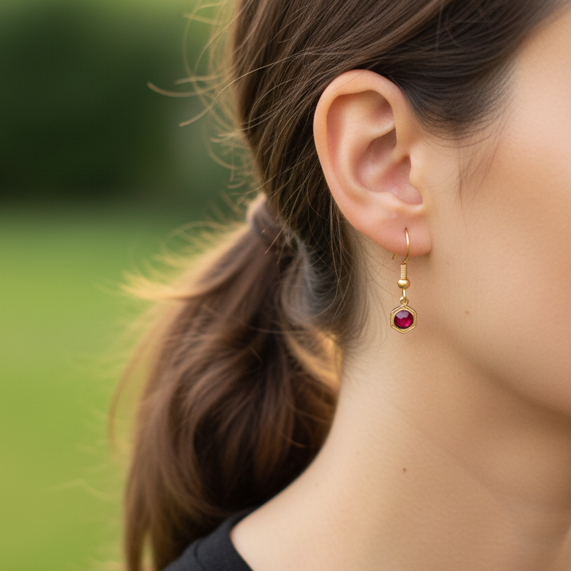 Goudkleurige rode ruby geboortesteenoorbel januari - gedragen