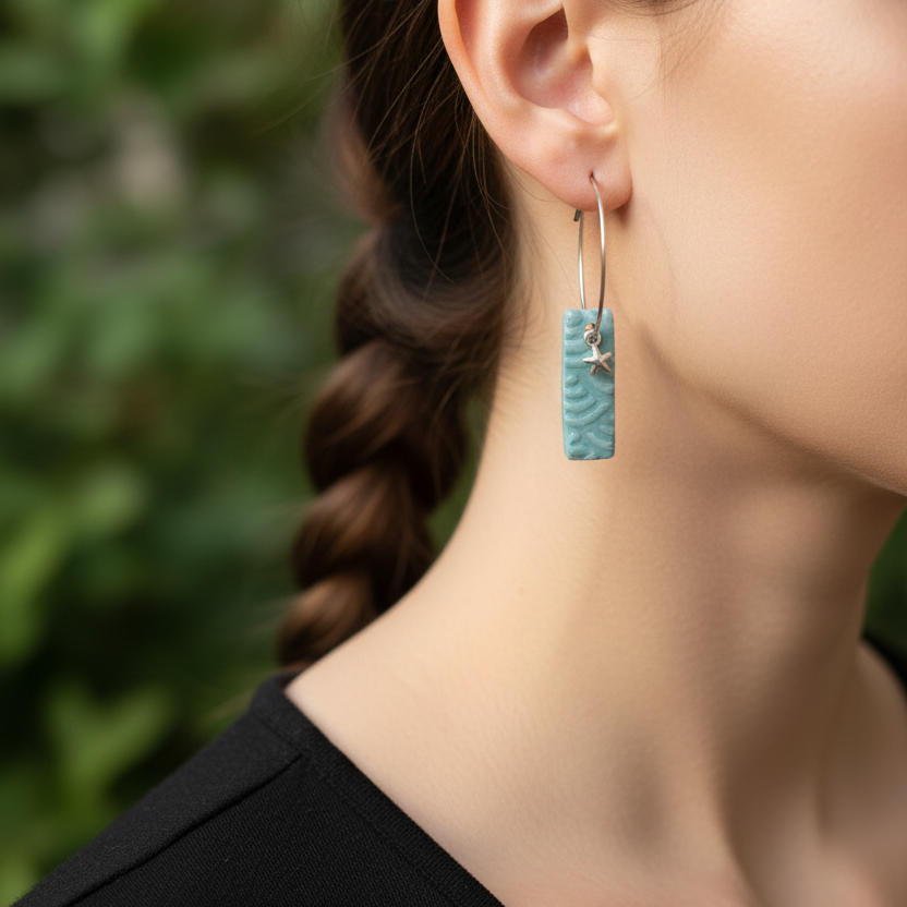 Light blue polymer clay bar on silver hoop ring