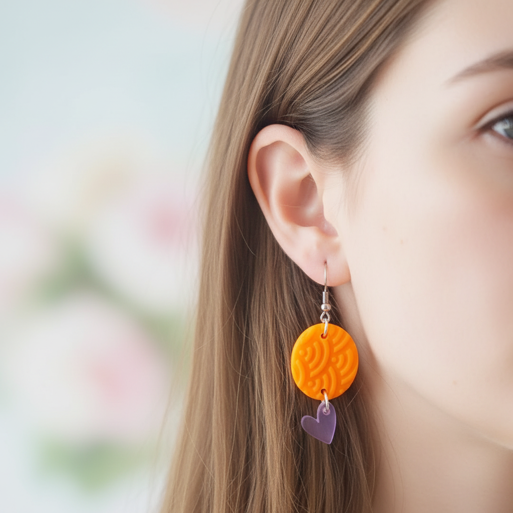 Lila hartje aan oranje polymeerkleibedel