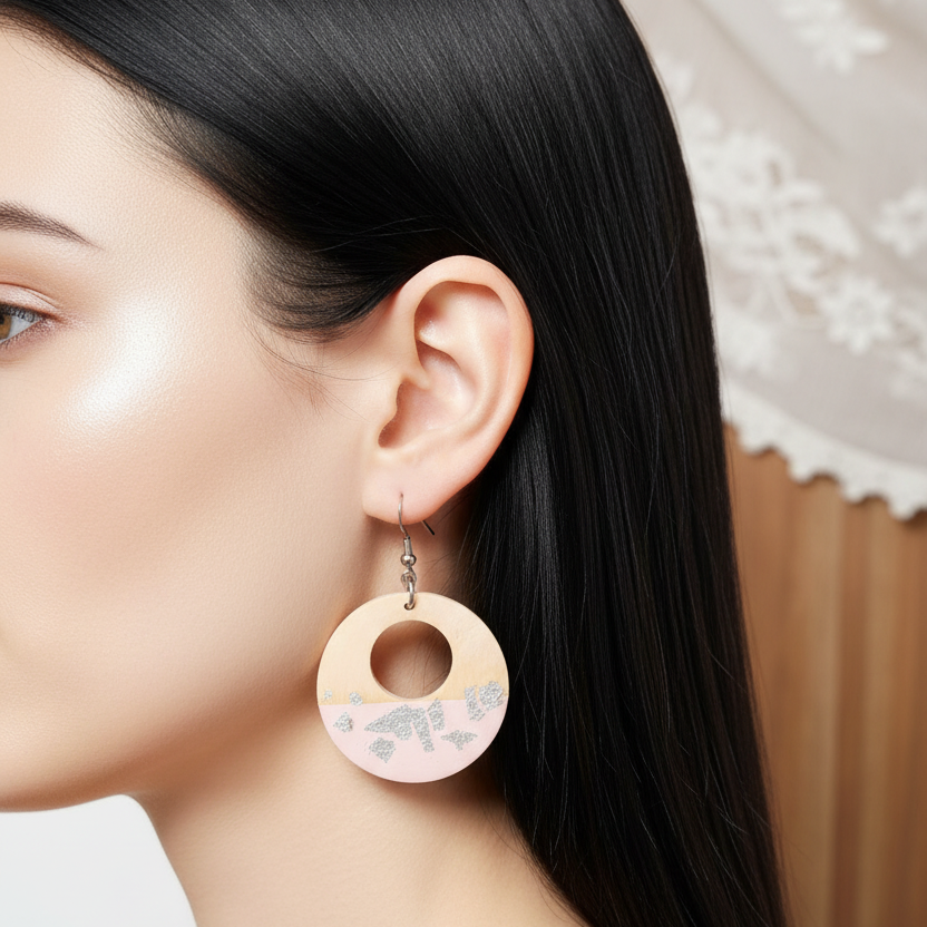 Ronde houten oorbellen met zilver bladgoud - smaller poging 2