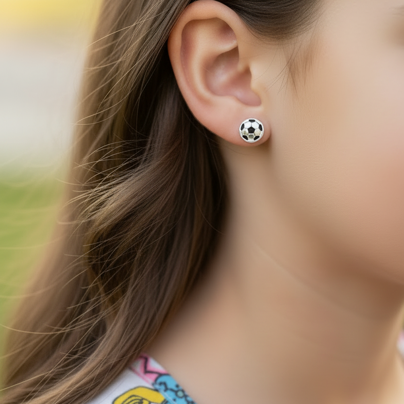 Zilveren kinderoorbellen met voetbal - andere haarstijl