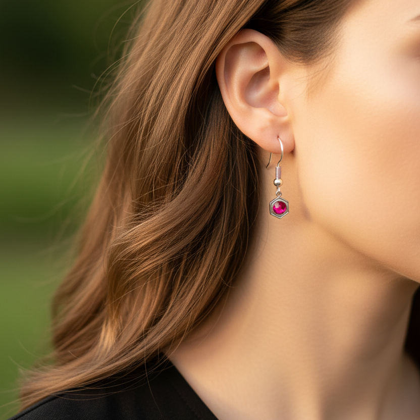 Zilveren oorbellen met felroze steen medium maat