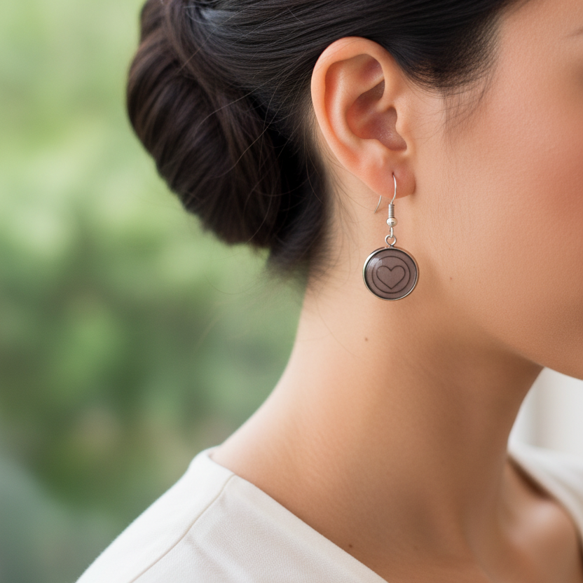 Zilveren oorbellen met mat bruin hartje gedragen
