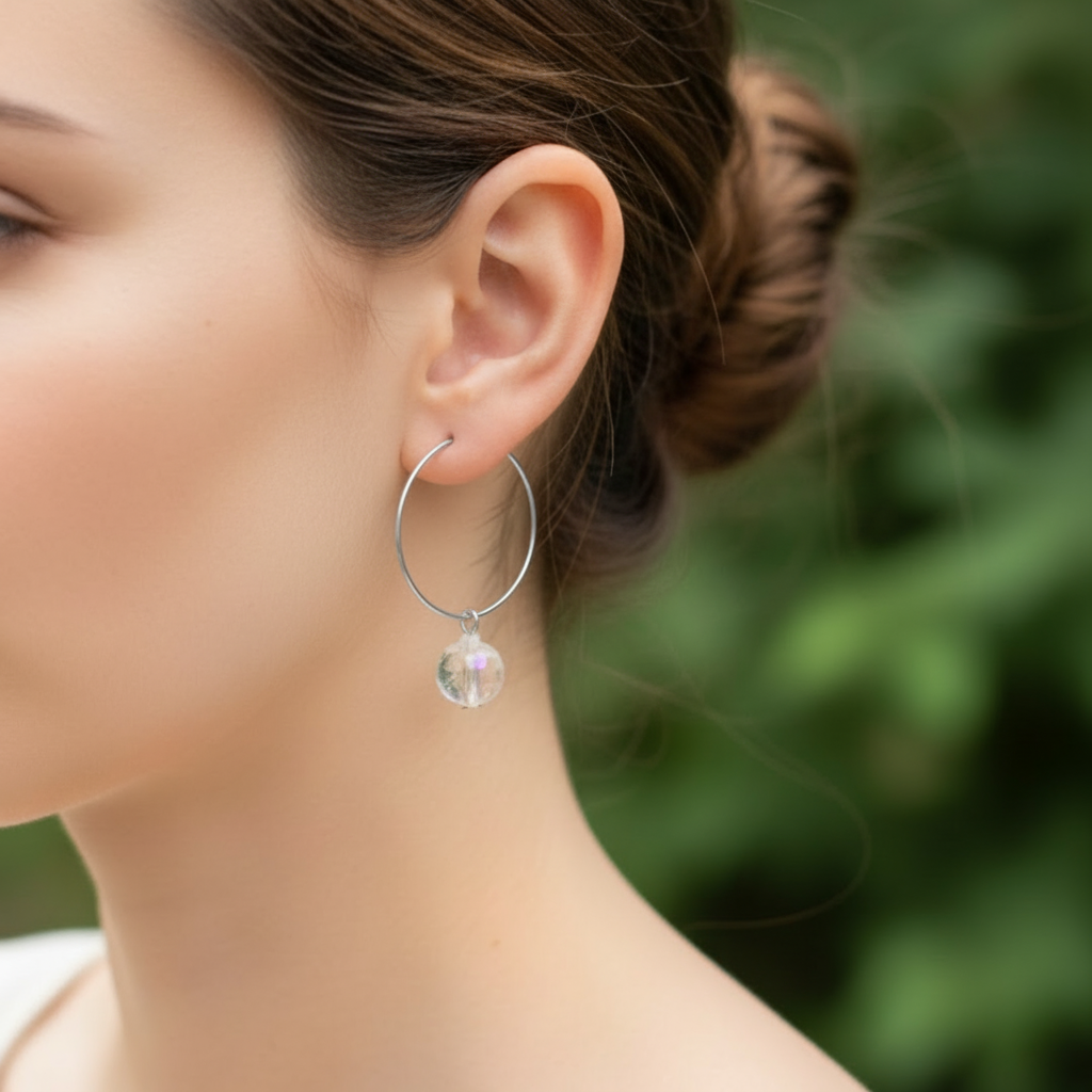Model draagt zilveren stainless steel ringen met transparante glaskraal uit India, minimalistische elegante oorbellen