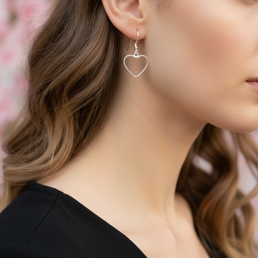 Zilverkleurige hartvormige oorbellen - gedragen zonder oog