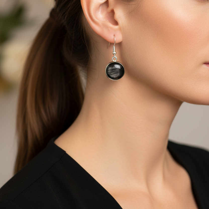 Zwart-grijze ronde oorbellen gedragen