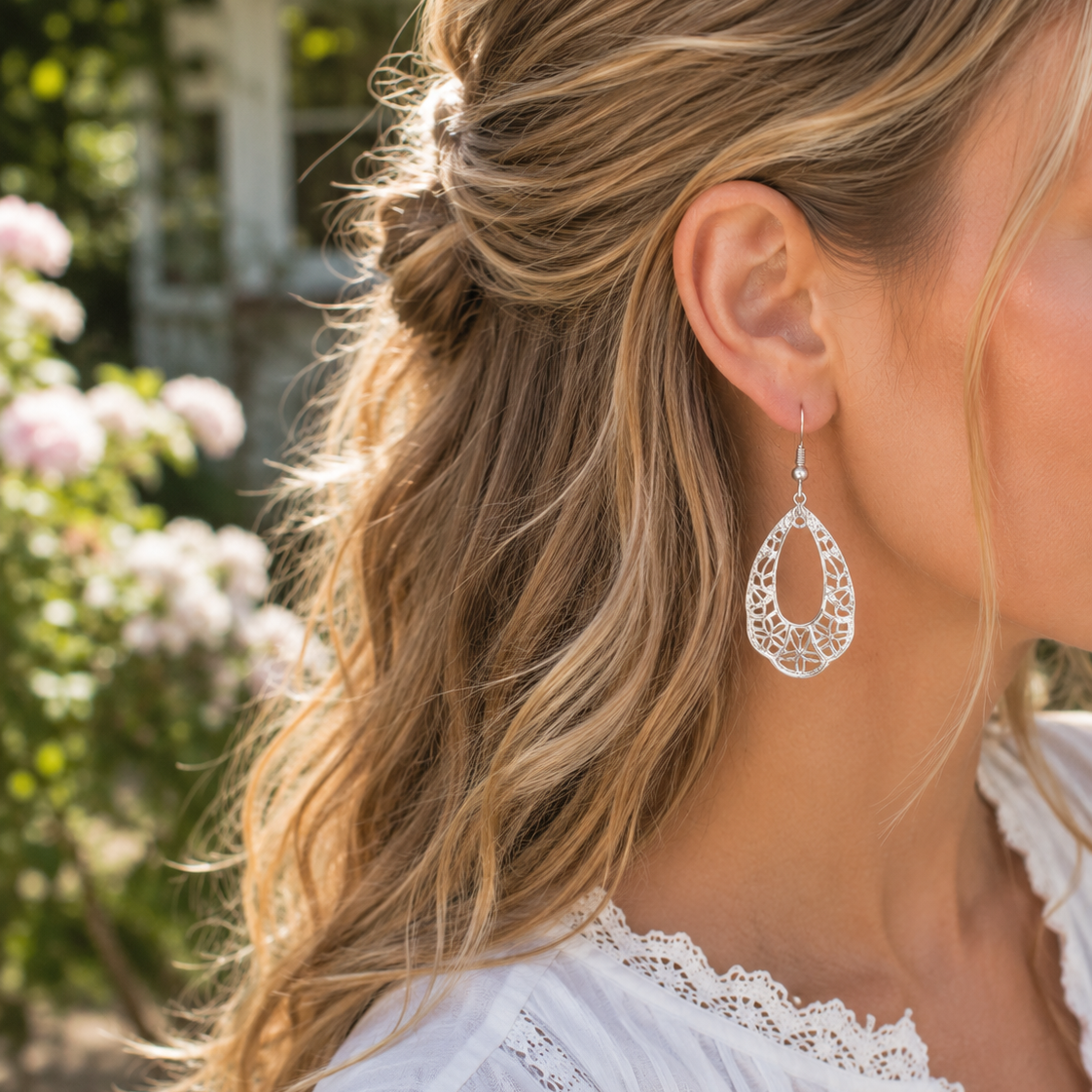 Bohemian look oorbel in zilver mooie filigraan oorbel