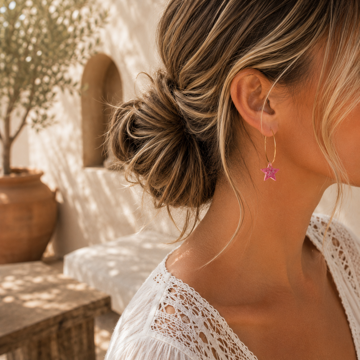 Gouden ringen met roze glitter plex ster stainless steel