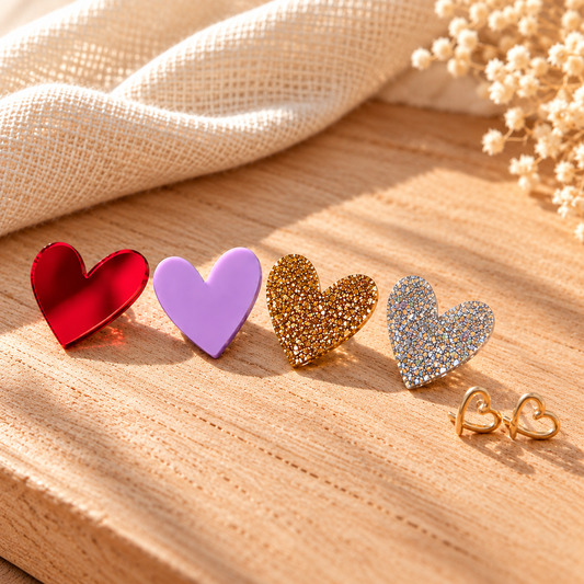 Goudkleurige hartjes oorstekers van stainless steel met een hartvormige pin  van BeJoyce naar keuze in lila, roodspiegelend, goud glitter of zilver glitter