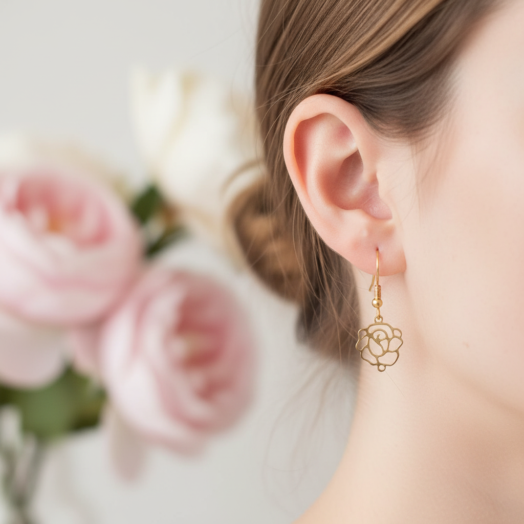 Detail goudkleurige oorbellen met roos bedel, lichtgewicht metalen oorbellen met bloemmotief