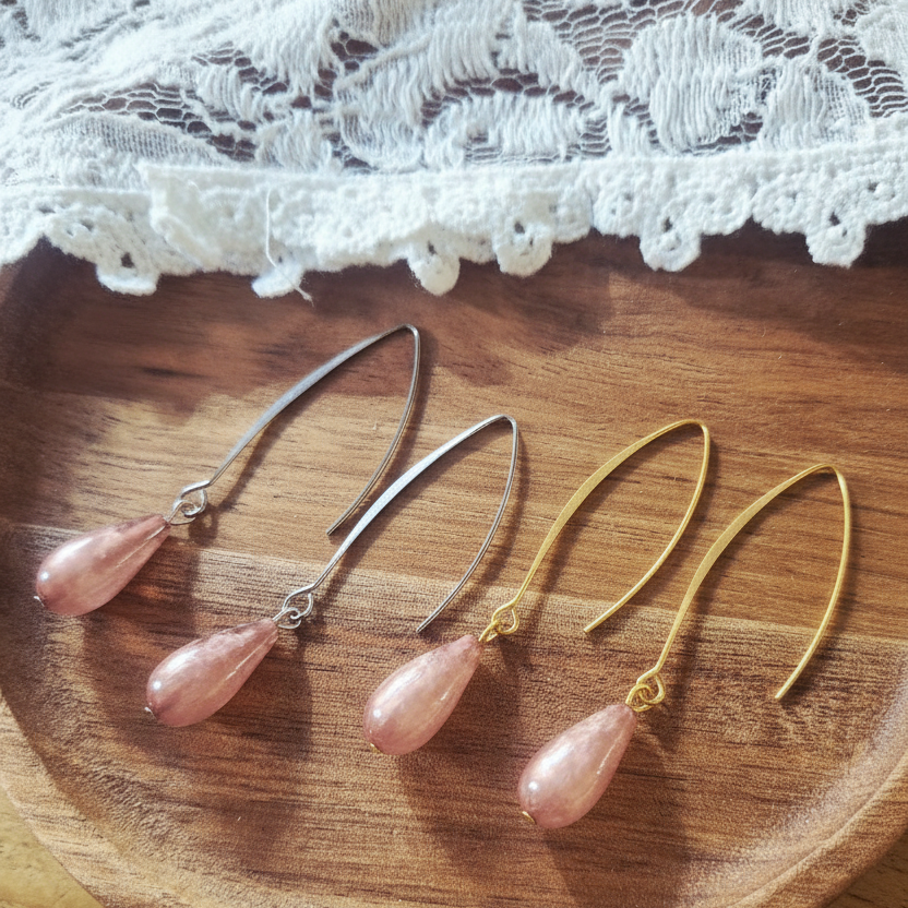 Lange oorbellen met roze druppelvormige hanger, stainless steel oorbellen 6,5 cm nikkelvrij