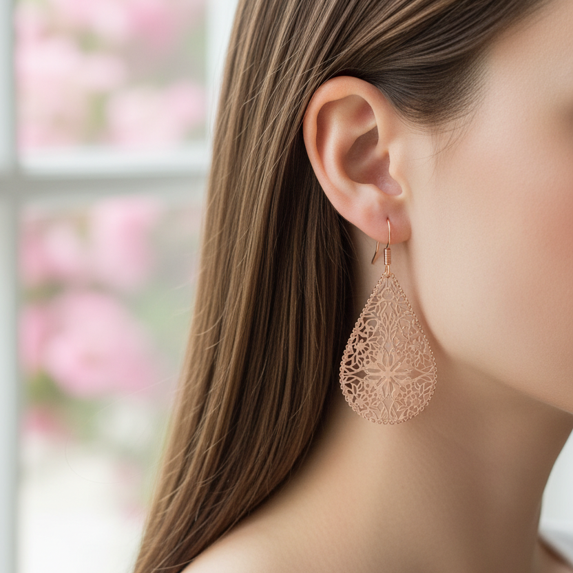 Grote roségouden bohemian druppel oorbellen gedragen, vrije elegante look