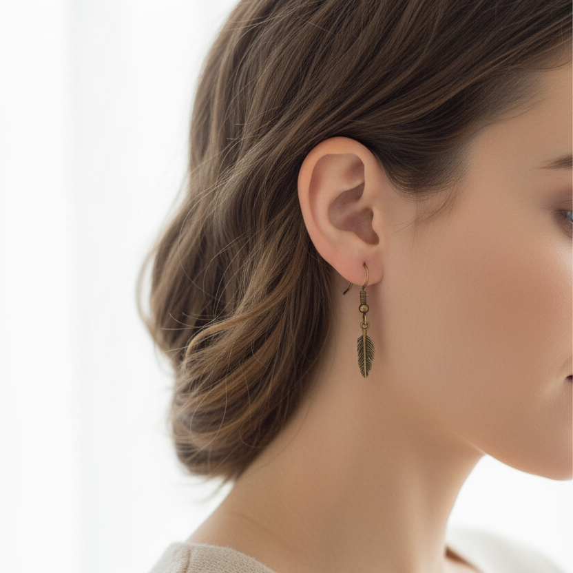 Bronzen veren oorbellen juiste maat