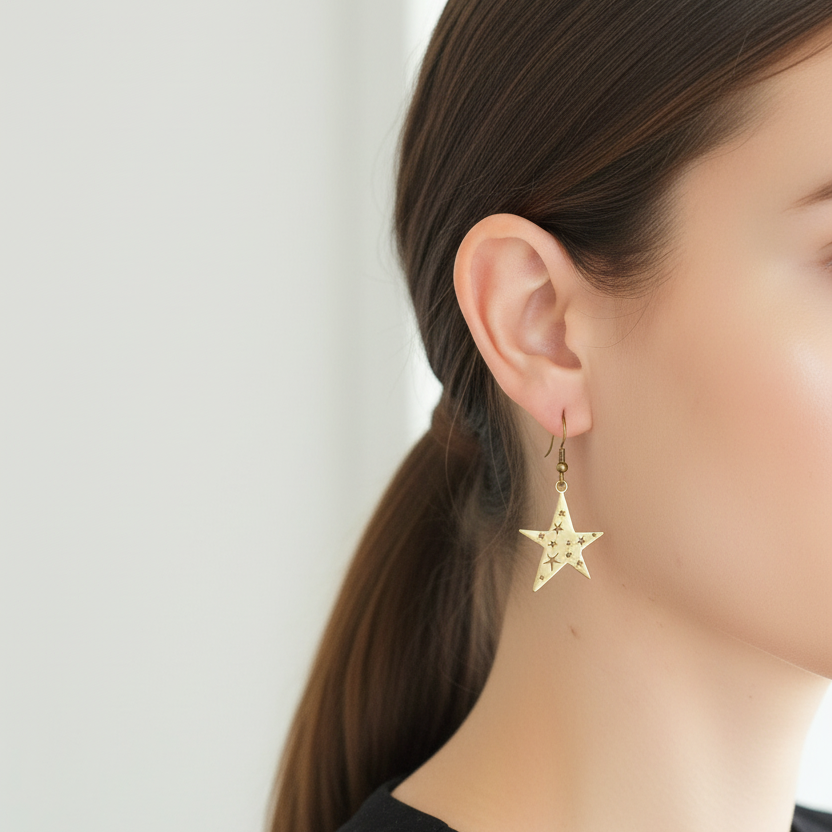 Bronzen steroorbellen met gegraveerd detail gedragen door model, close-up profiel