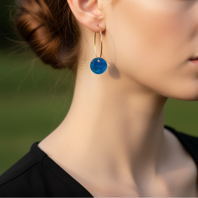 Gedragen modelfoto blauwe resin oorbel - zonder tekst