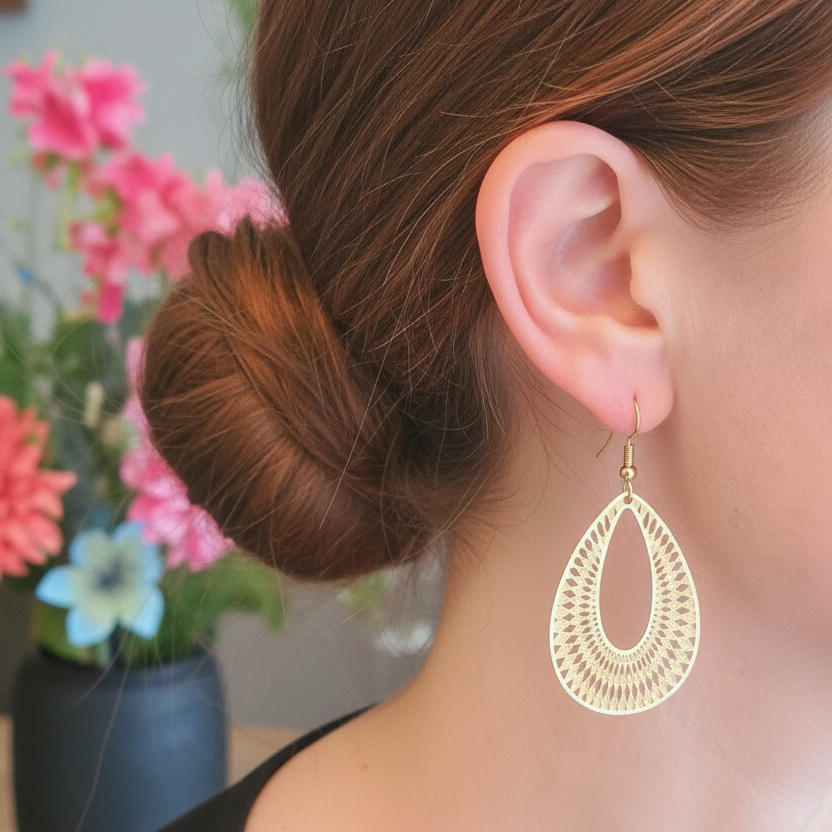 Gedragen modelfoto gouden druppel oorbel - correct patroon