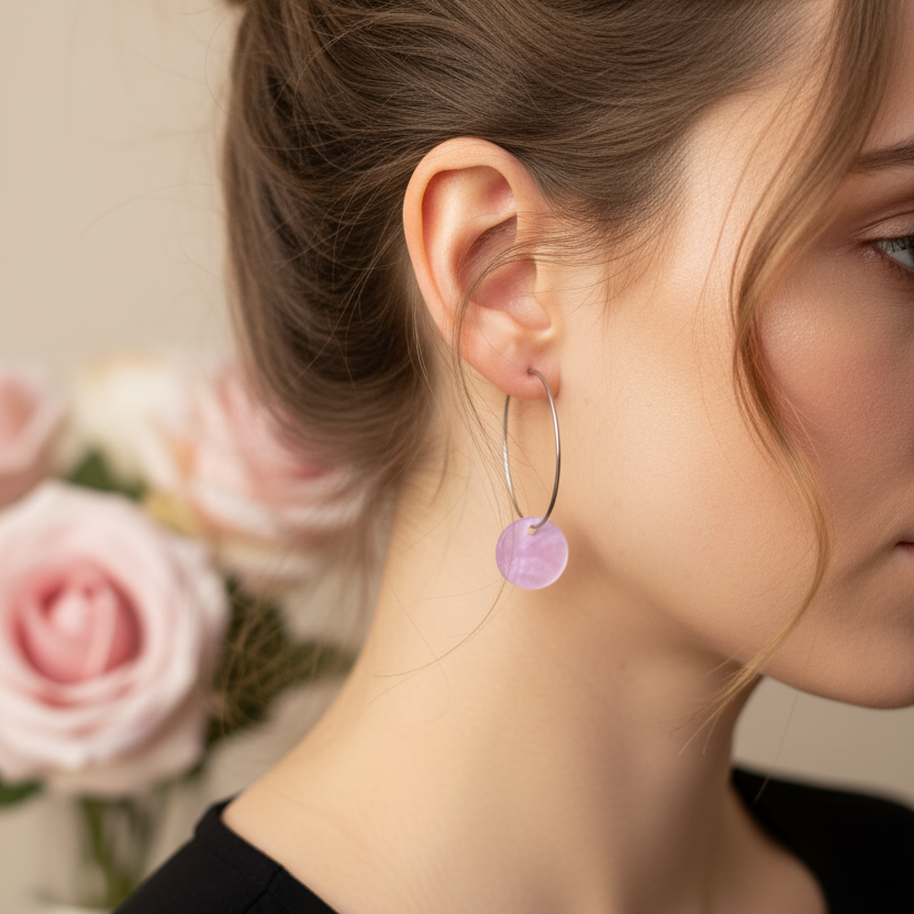 Gedragen modelfoto roze resin oorbel - geen oog