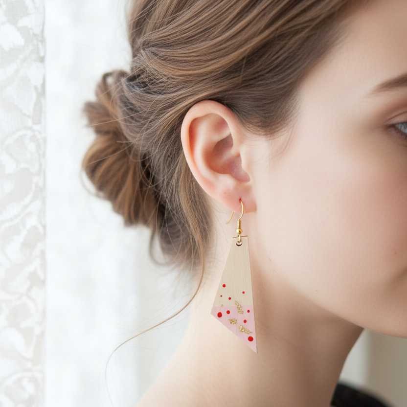 Geometrische houten hangers met rode stippen - zachte golven geen oog