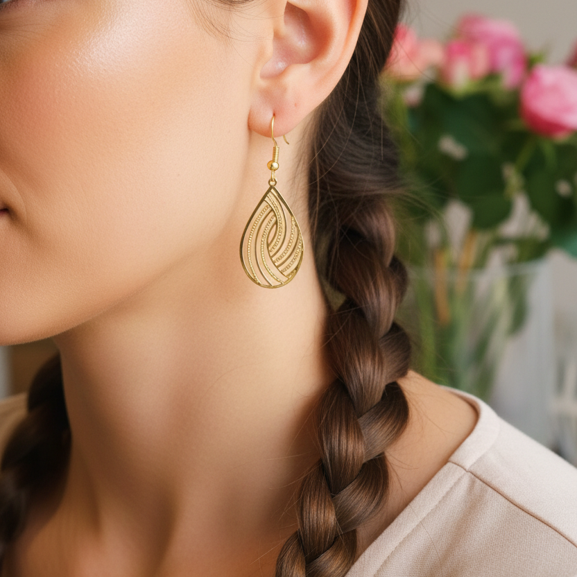 Gouden druppel oorbellen gedragen ander model