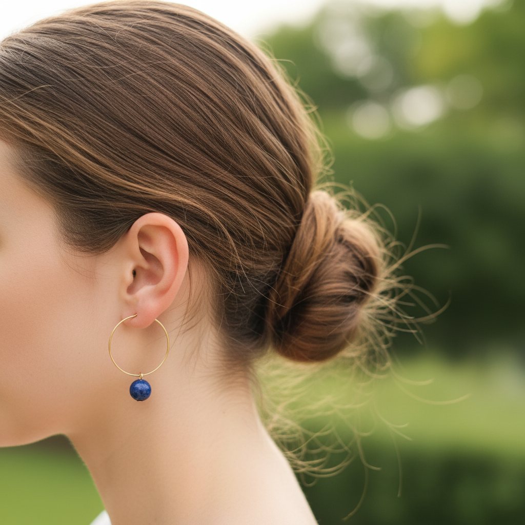 Gouden hoepel oorbellen met lapis lazuli - iets kleinere hoepel