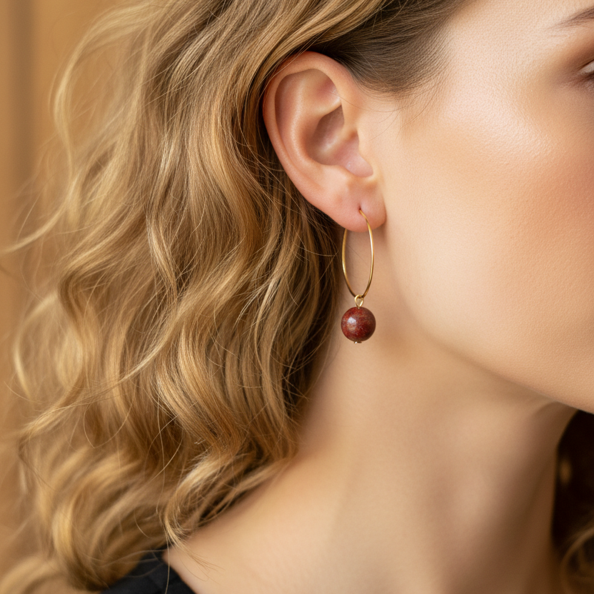 Gouden hoepel oorbellen met rode jaspis steen - ander model met krullen