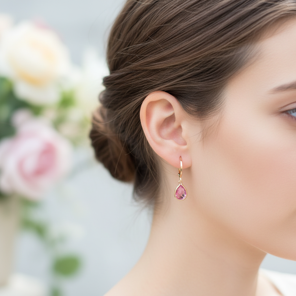 Gouden oorbellen met roze steentje