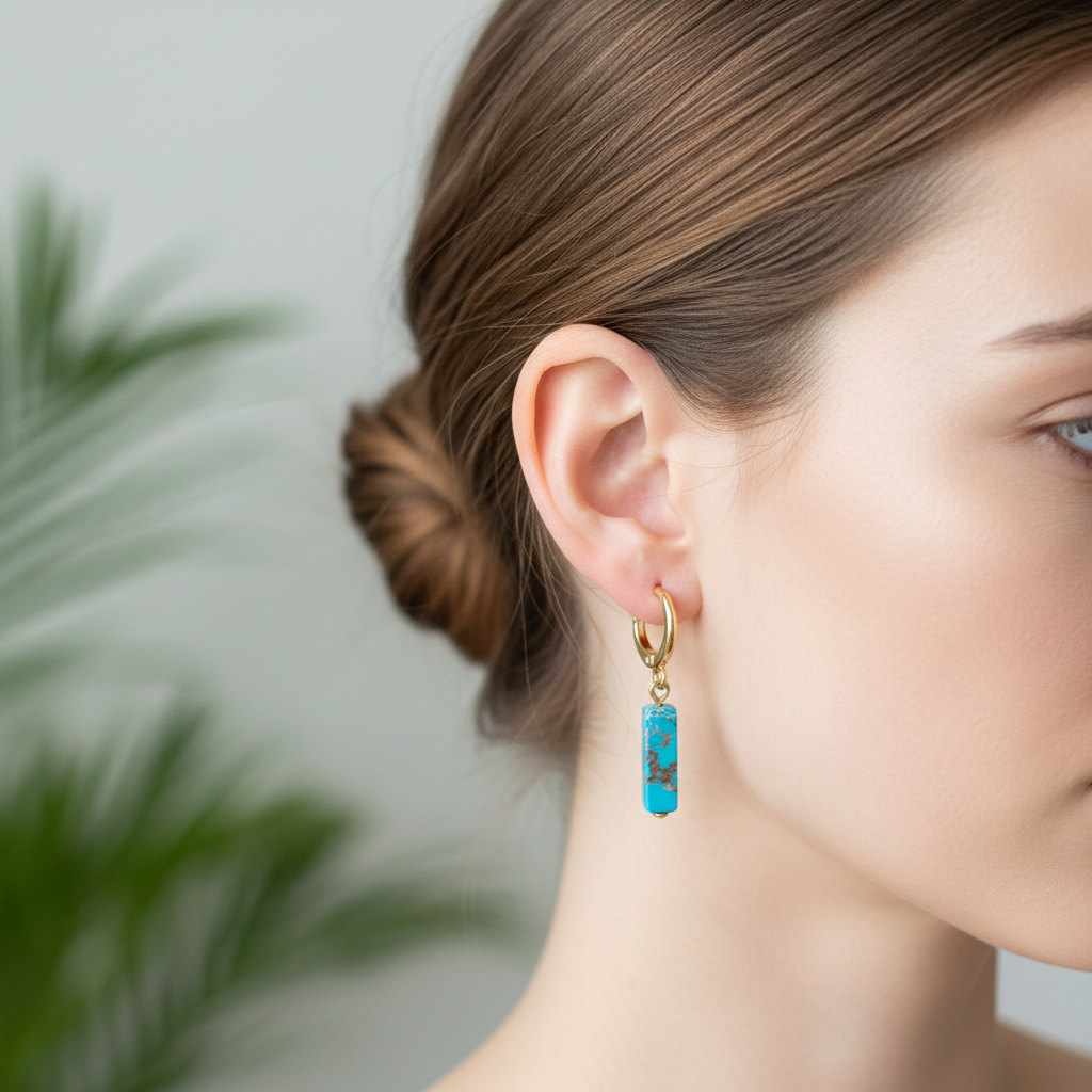 Gouden oorbellen met turquoise staafje op model