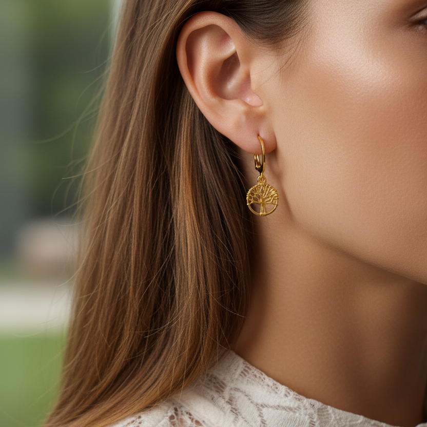 Gouden tree of life oorbellen gecropte compositie