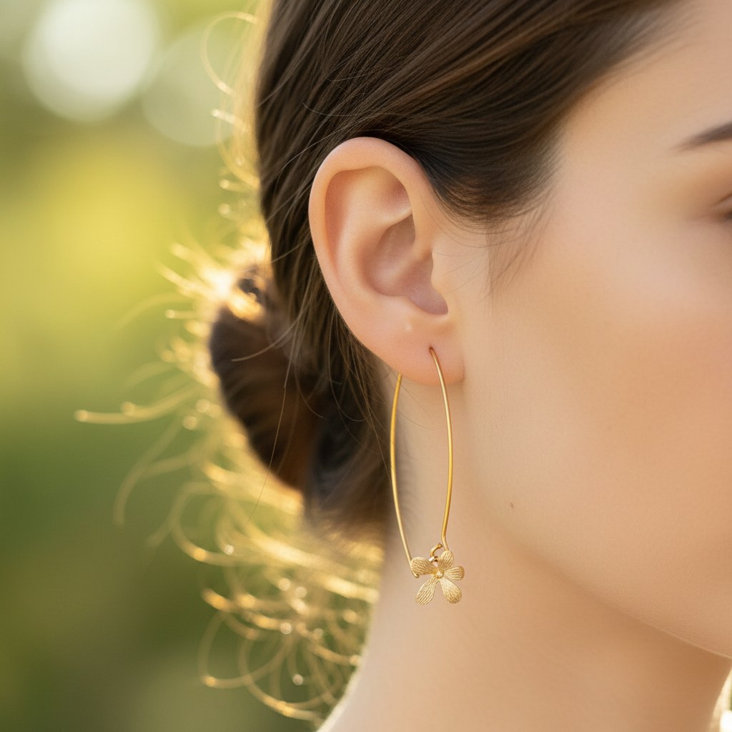 Lange gouden oorbellen met bloemhanger gedragen op model, lichtgewicht en elegant