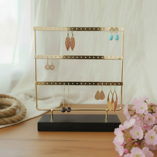 Gouden oorbellenrek met donkerbruine voet, 3 rijen voor oorbellen opslag