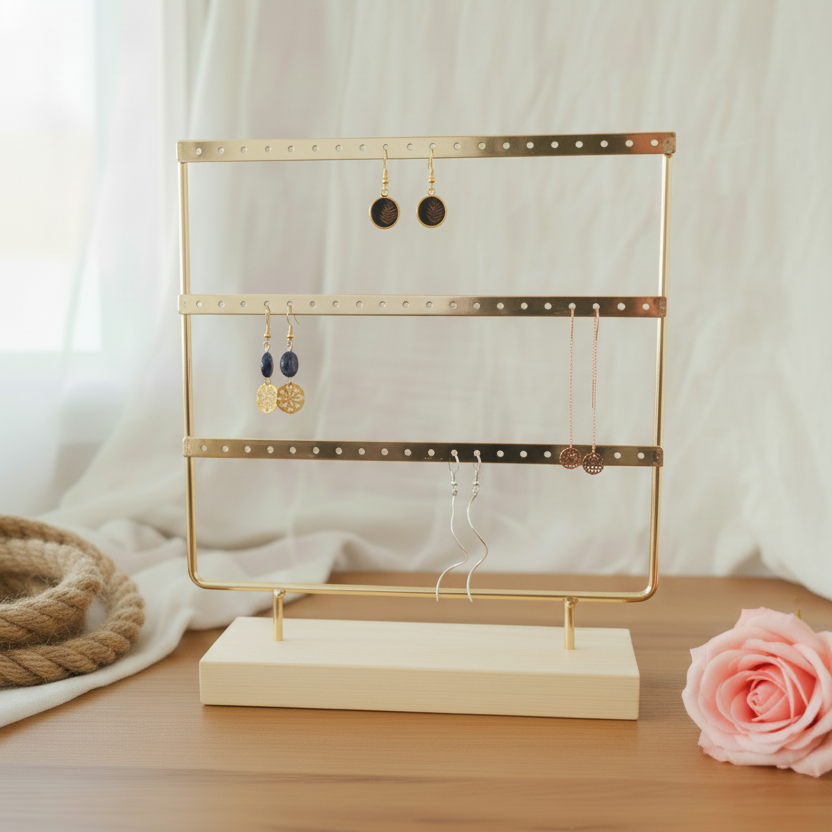 Gouden oorbellenrek met houten voet, 3 rijen voor oorbellen opslag