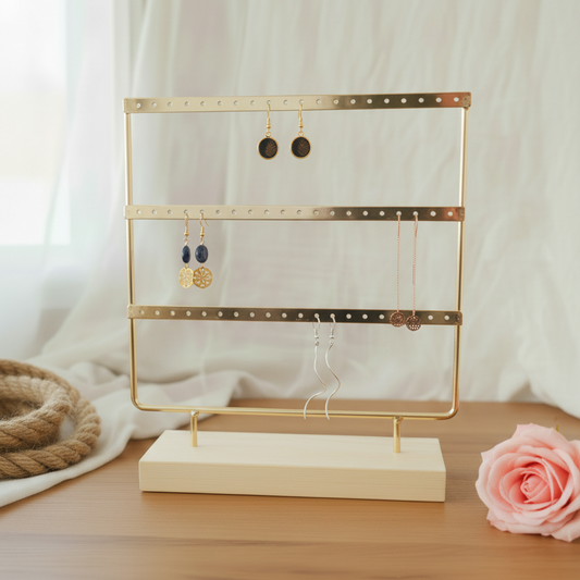 Gouden oorbellenrek met houten voet, 3 rijen voor oorbellen opslag