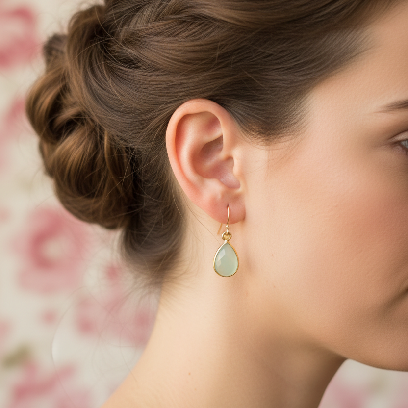 Goudkleurige oorbellen met lichtgroene druppelsteen - zonder oog