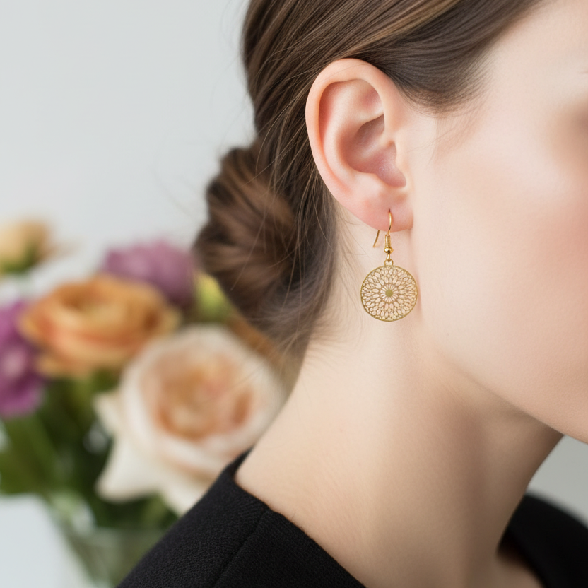 Goudkleurige bohemian oorbellen gedragen, lichtgewicht nikkelvrij