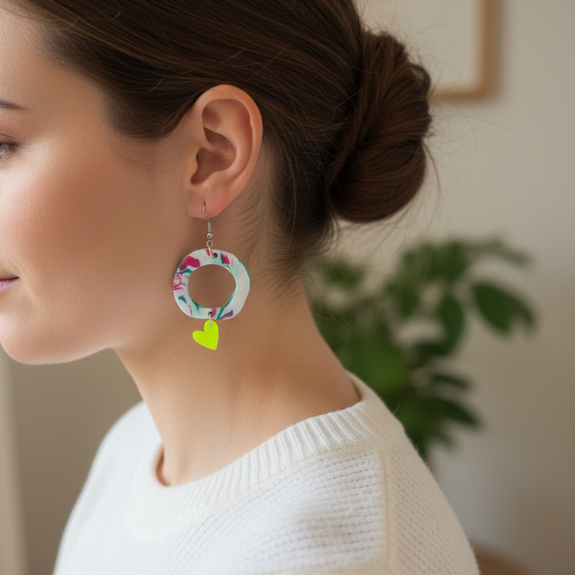 Polymeerklei oorbellen met neon geel hartje uniek