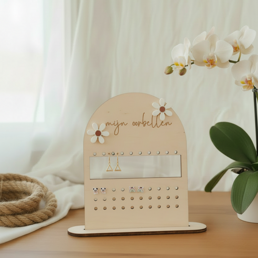 Houten oorbellenrek met tekst Mijn oorbellen, spiegel en bloemen decoratie voor oorbellen opslag