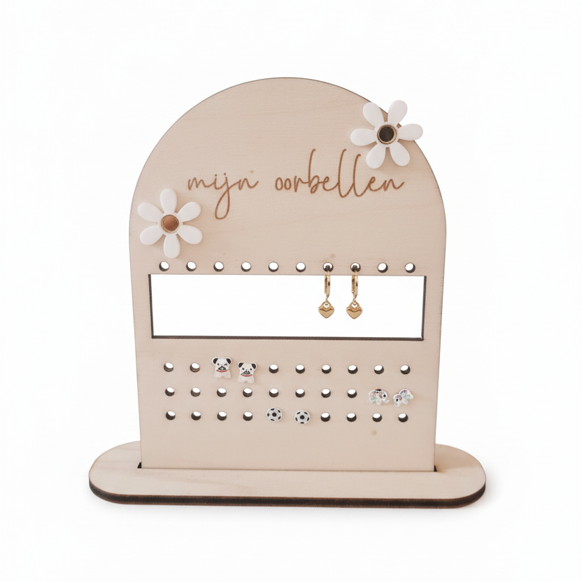 Houten oorbellenrek met tekst Mijn oorbellen, spiegel en bloemen decoratie, leeg display voor oorbellen opslag