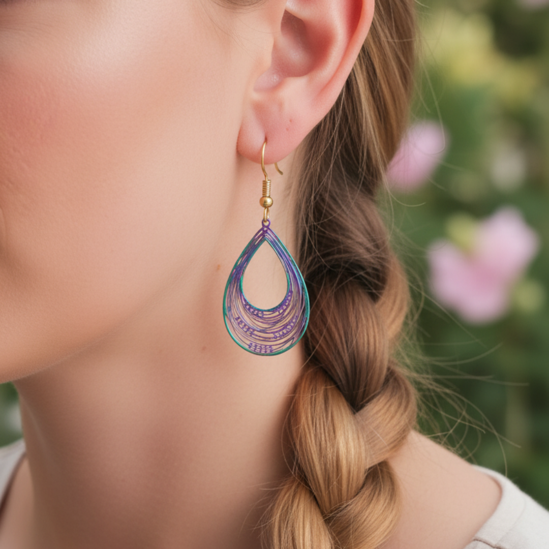 Iridescent teardrop earring with warm skin tone