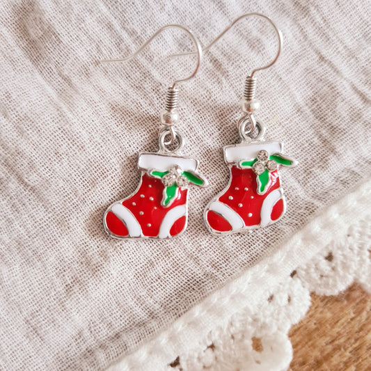 Kerst oorbellen zilver kerstsok