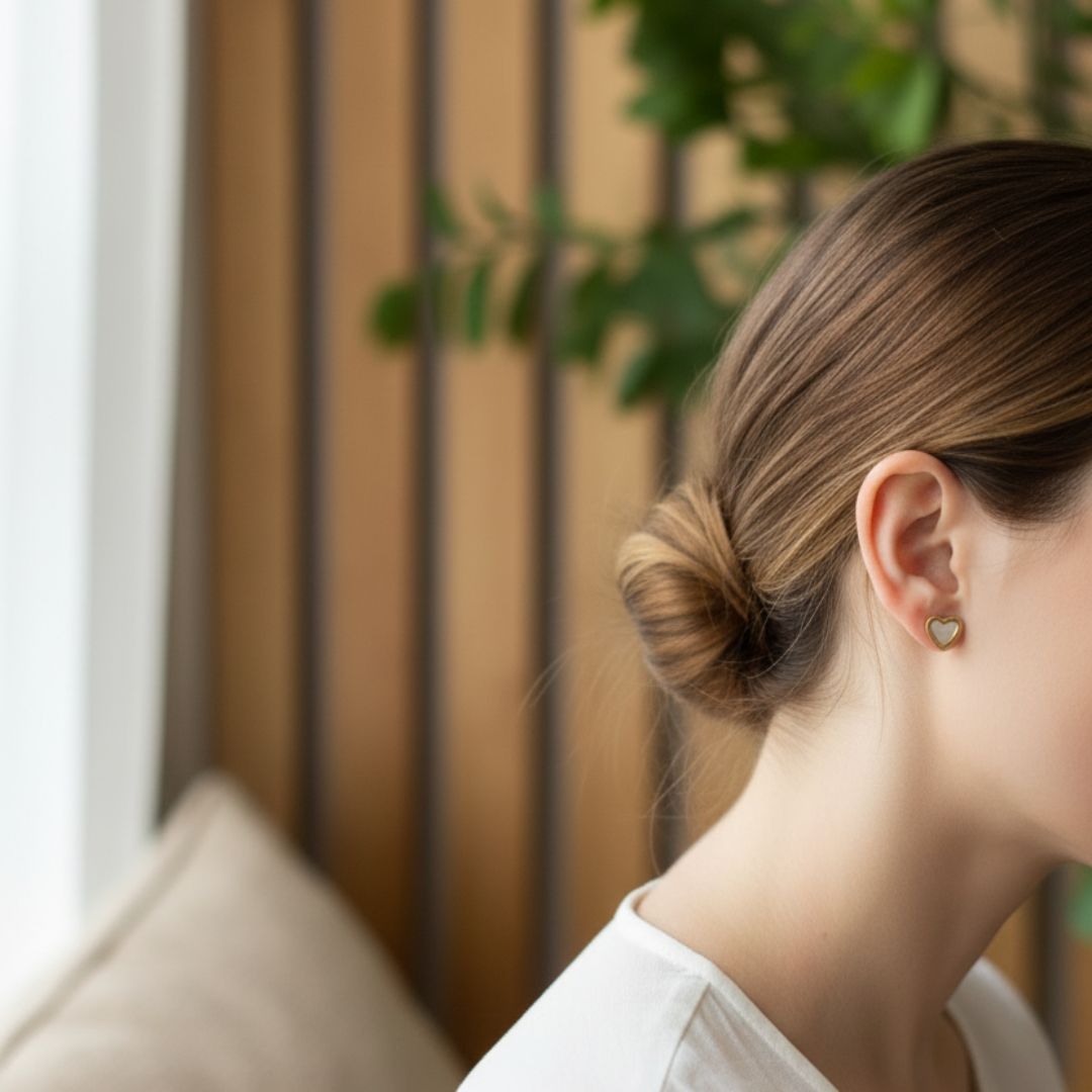 Model draagt kleine gouden hartjes oorbellen